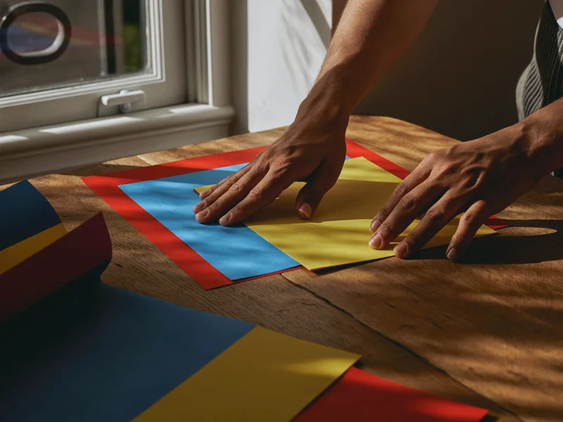 Haende falten farbiges Papier an einem sonnigen Fenstertisch