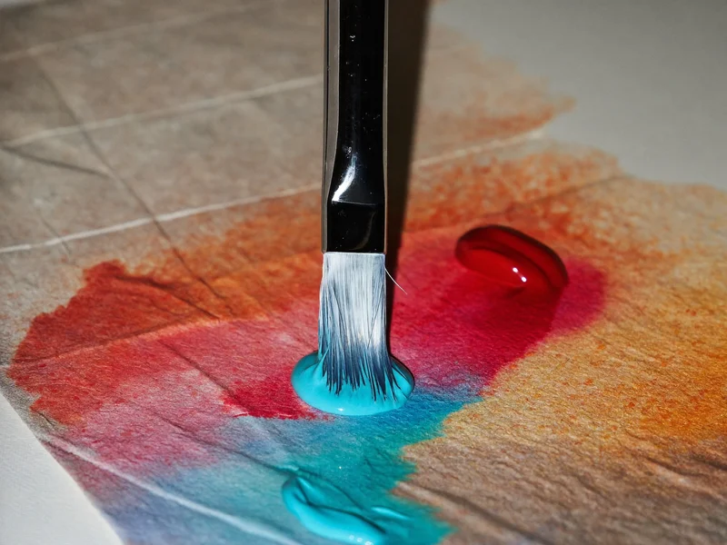 Pinselborsten mit frischer Farbe und verlaufenden Pigmenten auf rauem Papier