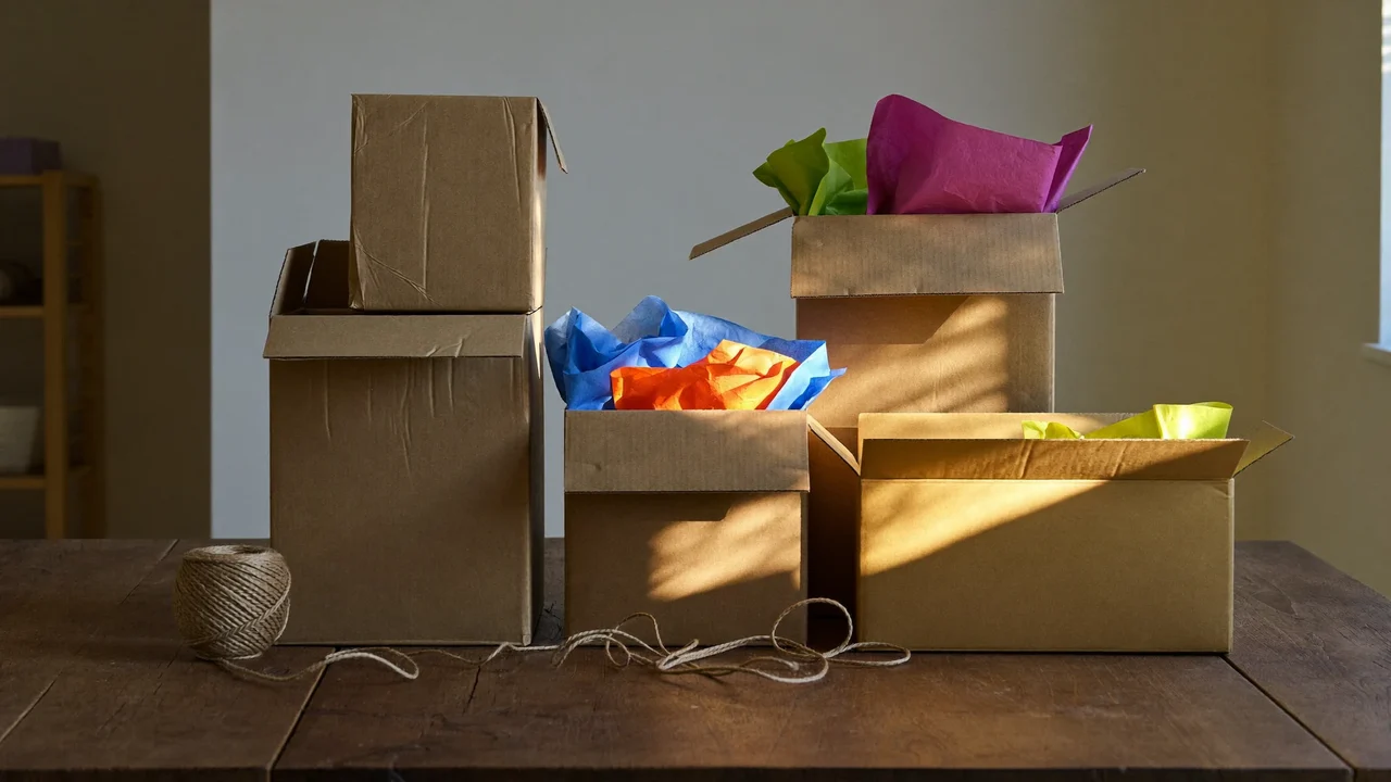 Neutrale braune Versandkartons mit buntem Seidenpapier und Bindfaden auf dem Packtisch
